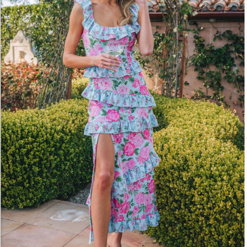 Show Me Your MuMu Pink Floral Ruffle Maxi Dress on Light Blue